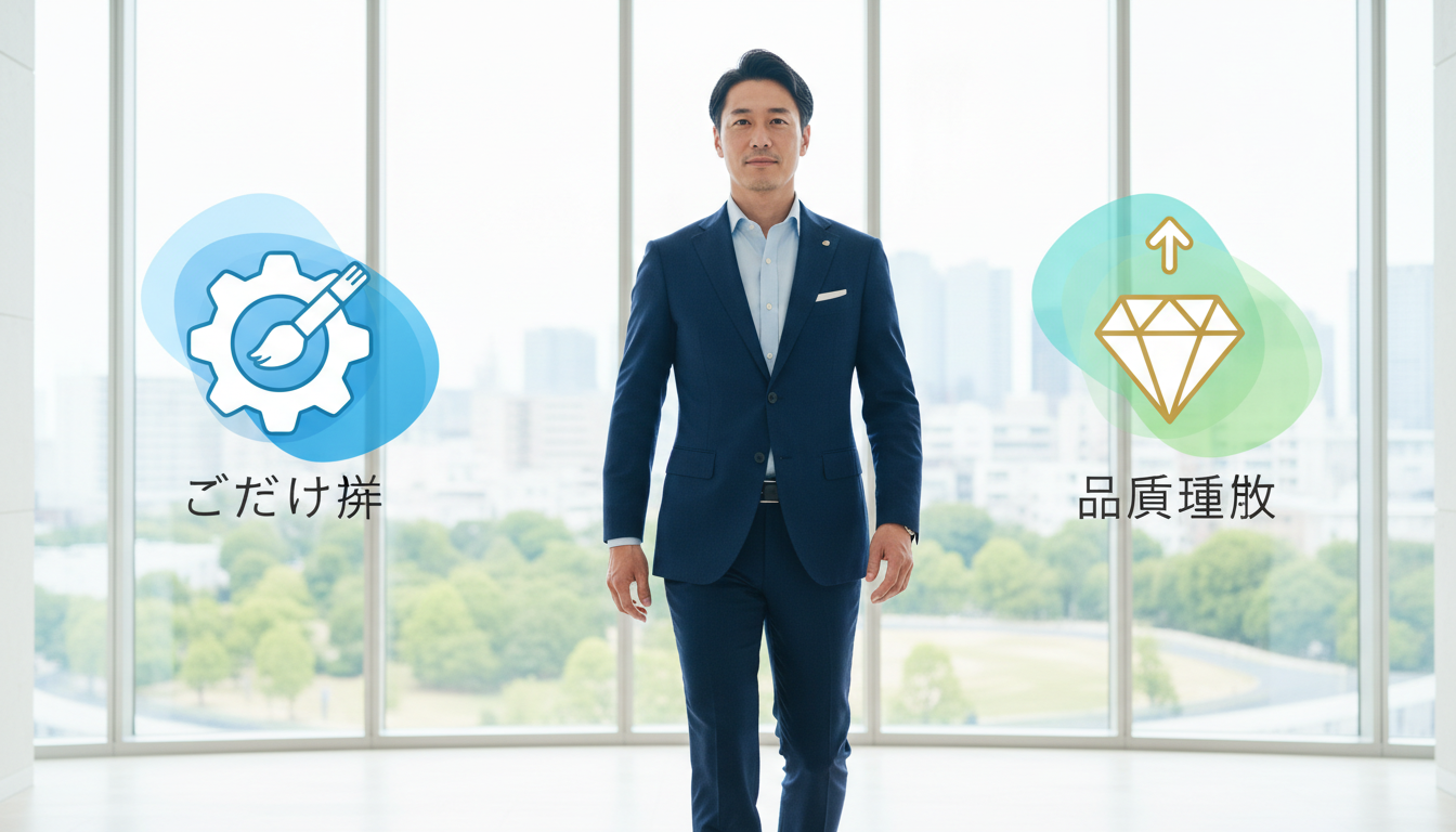 自分に合った選択をして自信に満ちた表情で歩く、身だしなみの整った男性のイメージ。左右に「こだわり派」「品質重視」といったポジティブな特性を象徴する抽象的なアイコンが配置された、比較・検討を助けるための