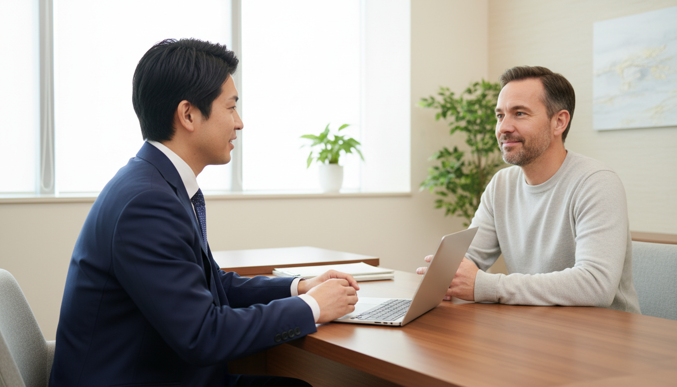 A warm and reassuring scene where a professional Japanese male consultant in a smart suit is talking