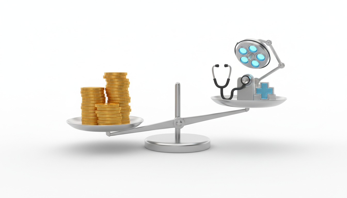 A conceptual 3D render representing cost-effectiveness and premium medical value. A set of balanced 