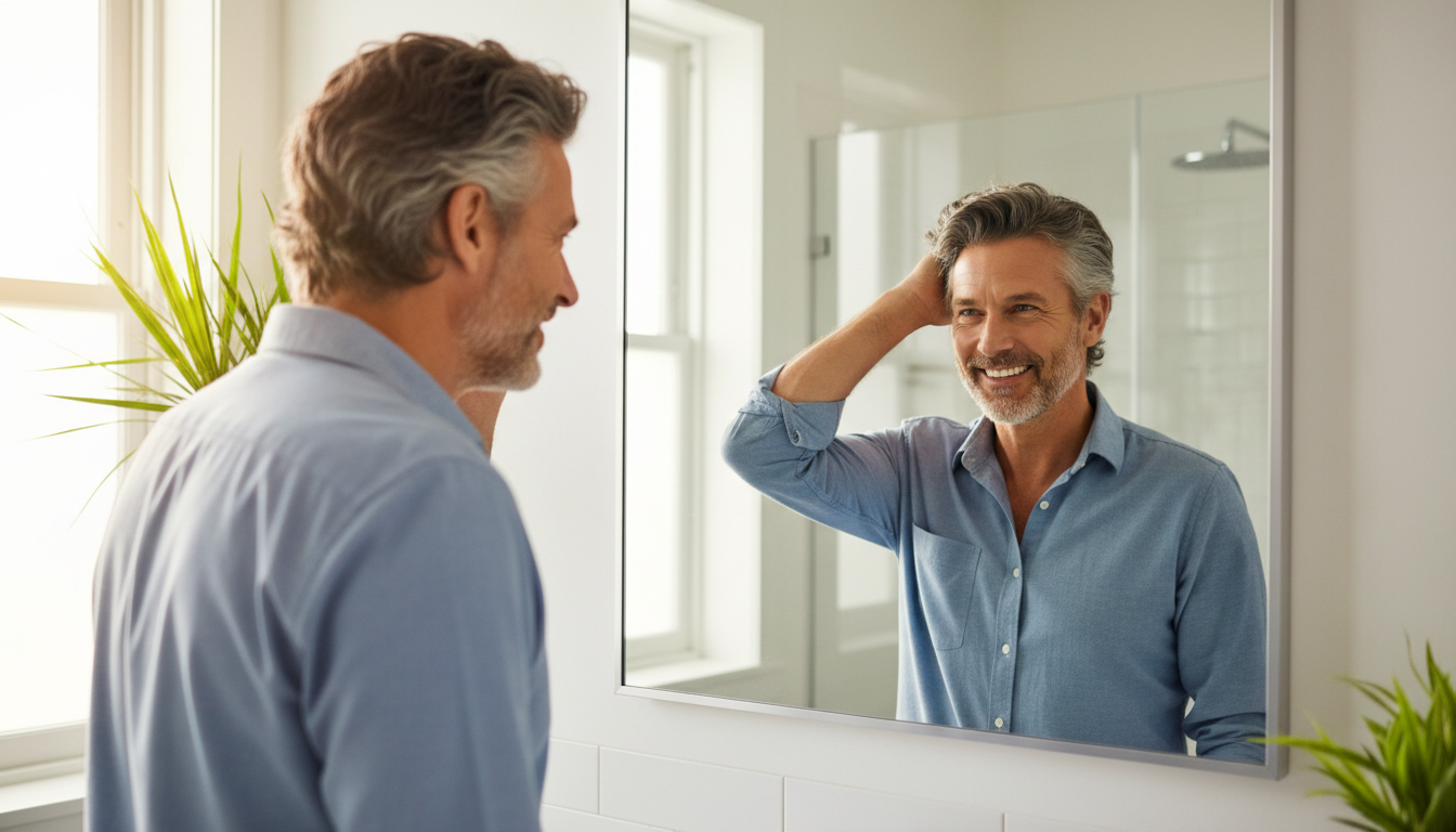 A confident and happy middle-aged man looking at his reflection in a mirror with a satisfied smile, 