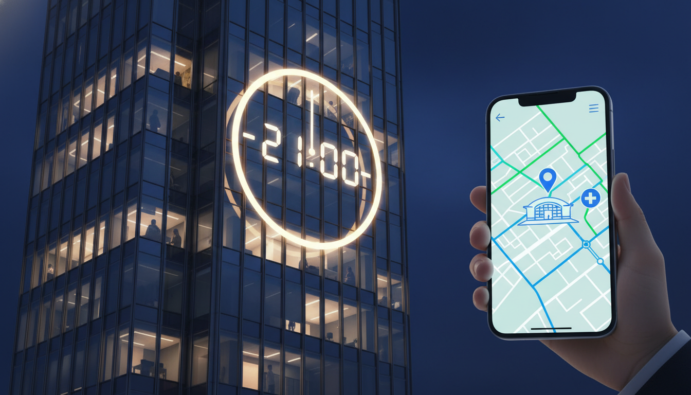 A conceptual illustration showing a stylish city office building at night with a digital clock showi