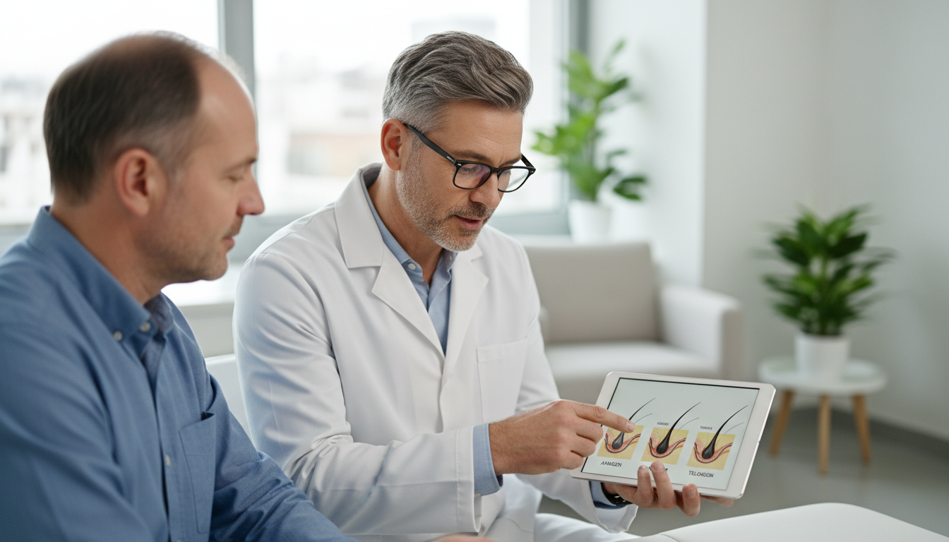 A supportive medical consultation scene. A professional doctor in a white coat is listening intently