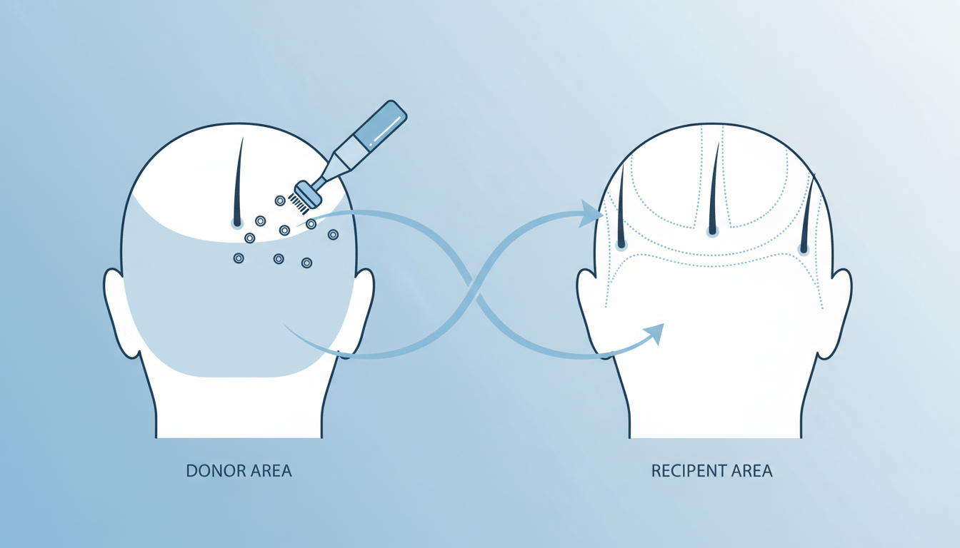 A conceptual medical illustration showing the process of hair transplantation. A simplified, clean d