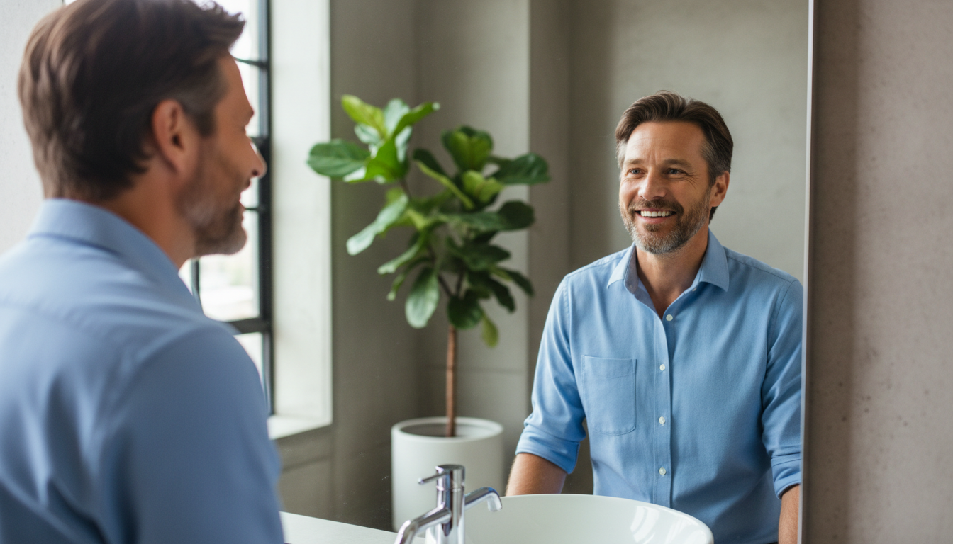 A confident and happy man in his 40s looking at his reflection in a mirror with a satisfied smile, s