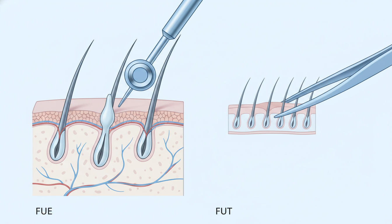 A professional medical illustration showing a simplified cross-section of the human scalp and hair f