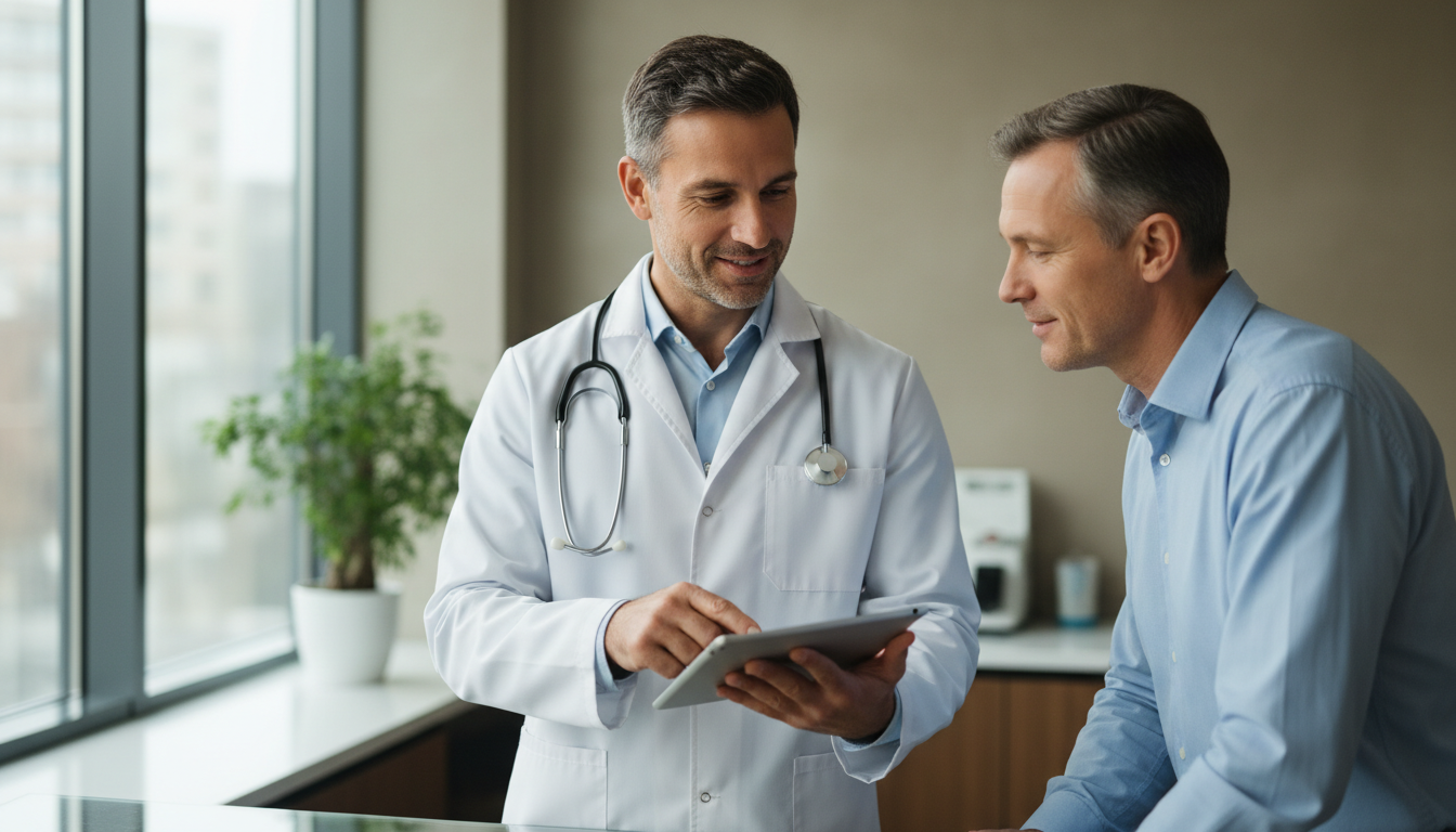 A trustworthy male doctor in a white medical coat performing a consultation with a middle-aged male