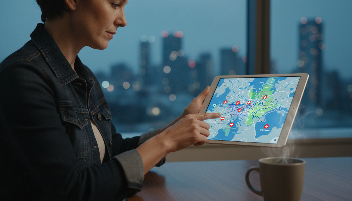 A person in their 30s or 40s looking at a smartphone or tablet with a map of the Tokyo and Yokohama