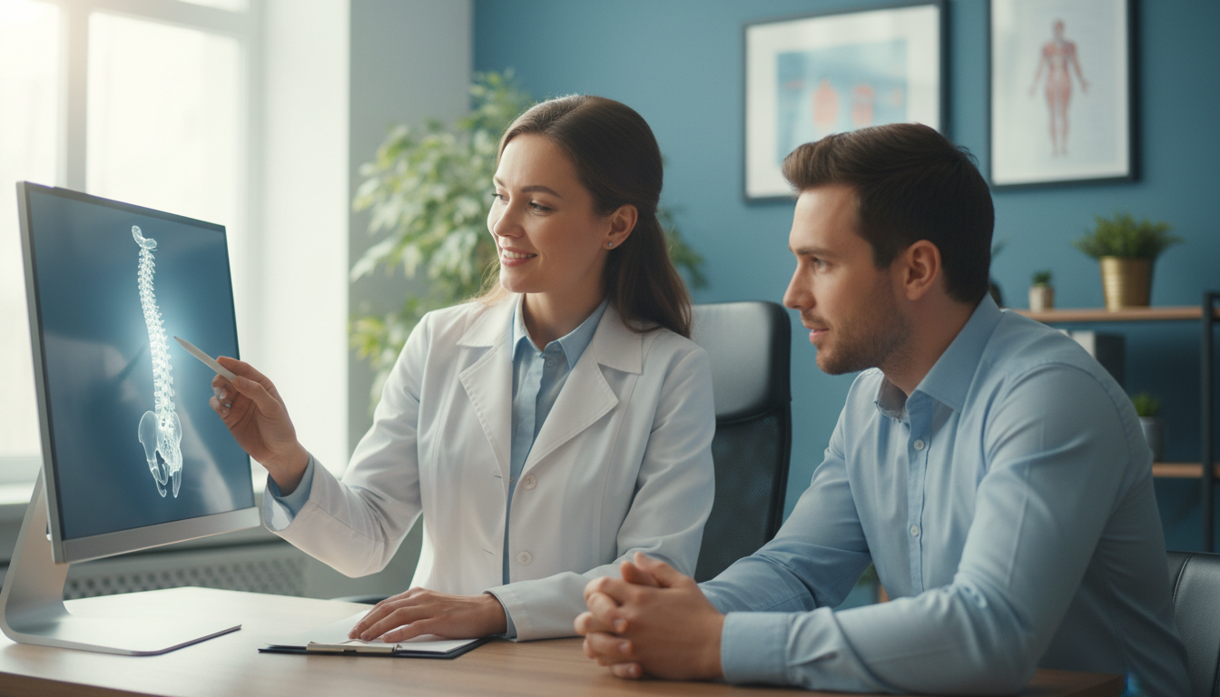 A professional and reassuring consultation scene in a private medical office. A friendly doctor in a