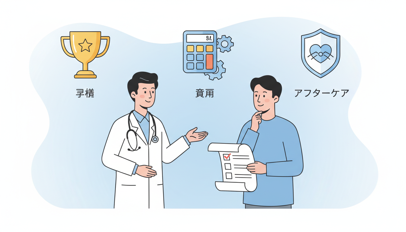 クリニック選びの重要なポイントを表現したイラスト。白衣を着た優しそうな医師と、チェックリストを持った男性が対面している様子。背景には「実績」「費用」「アフターケア」を連想させるアイコン（トロフィー、電