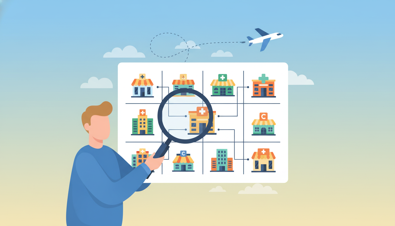 たくさんの選択肢から自分に合ったクリニックを比較・検討しているイメージのイラスト。抽象化された複数のクリニックの建物アイコンや、飛行機に乗って移動する様子をデフォルメしたイラストが描かれている。男性が