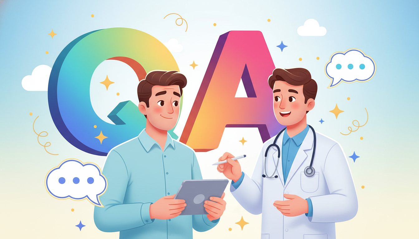 疑問が解決して安心した表情の男性と、にこやかに答える白衣の医師のイラスト。背景に大きな「Q」と「A」のカラフルで立体的な文字が配置されている。ポップなふきだしやキラキラしたエフェクトがあり、不安が解消