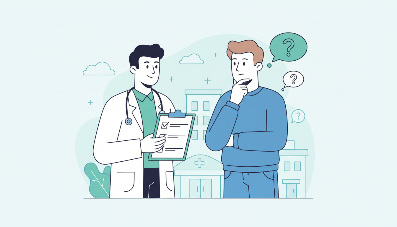 3つのチェックボックスが描かれたクリップボードを持つ白衣を着た男性医師のイラスト。横には、クリニック選びについて真剣に考えている若い男性が描かれている。全体的に水色や緑色を使った清潔感のあるフラットデ