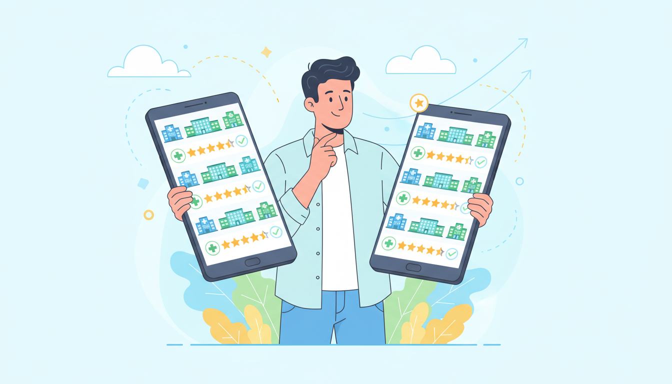スマートフォンやタブレットの画面に、病院のアイコンや星マーク（評価）が複数並んでいる様子を見る男性のイラスト。複数の選択肢の中から自分に合ったクリニックを比較・検討しているイメージ。明るくポジティブな