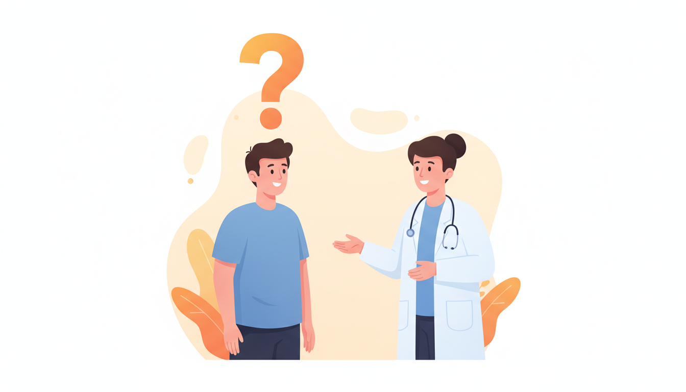 頭の上に大きな「？」マークを浮かべて疑問を持っている男性と、それに優しく答えて説明している白衣を着た医師のイラスト。対話形式で疑問を解決している様子を表現。背景はシンプルで、温かみのあるオレンジやイエ