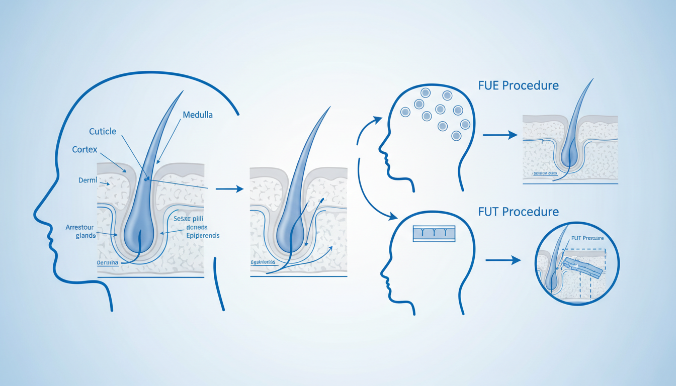 毛髪の構造と2つの異なる移植手順を比較する、専門的な医療用インフォグラフィックイラスト。人間の頭部のシルエットと毛根の拡大図が並び、清潔感のある青と白のカラーリングで表現されている