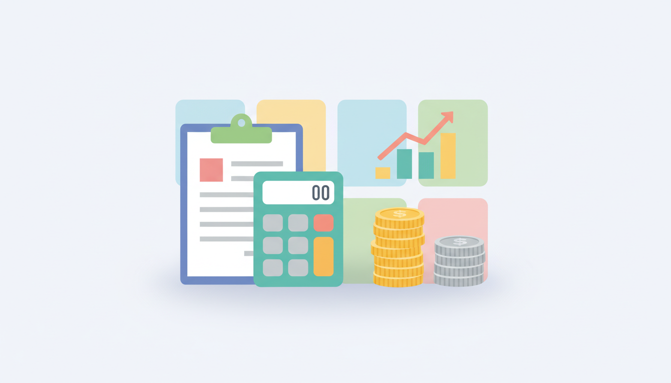 電卓、見積書のバインダー、積み上げられたコイン、棒グラフのアイコンが描かれた、医療費の比較と予算計画を視覚的に表現するフラットデザインのイラスト。明るいパステルカラーでスマートな構成