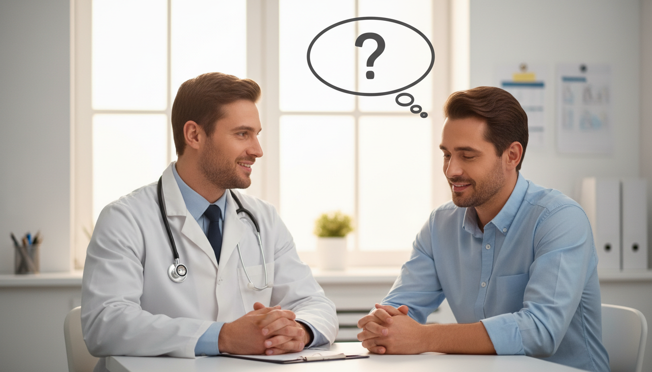 白衣を着た優しそうな医師のキャラクターと、安心した表情の男性患者が対面して会話しているイラスト。疑問や質問を表す「？」マークの吹き出しが浮かんでおり、明るく親しみやすい雰囲気