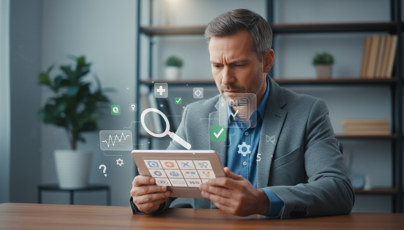 30代から40代の男性が、タブレットを見ながら真剣な表情で複数のクリニックの情報を比較検討しているイラスト。男性の周囲には、虫眼鏡、チェックマーク、カルテなどのアイコンが浮かんでおり、選び方のポイント