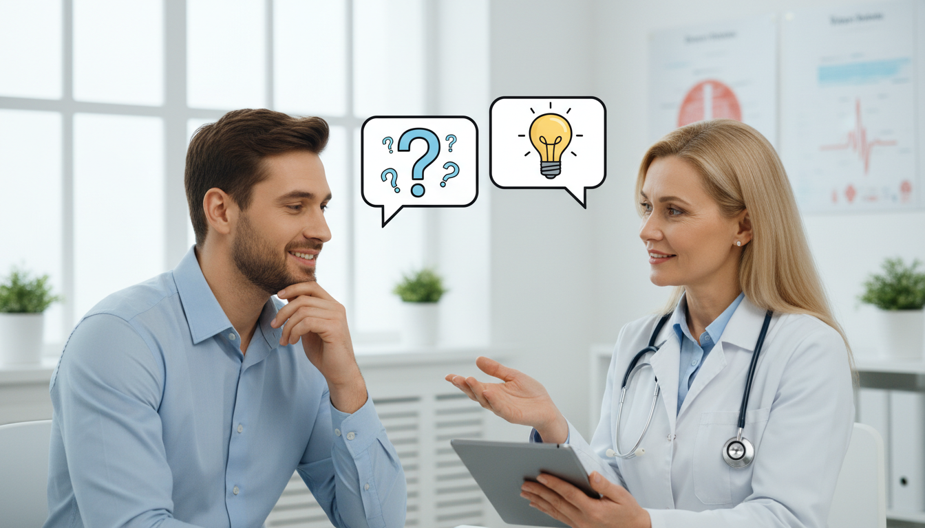 白衣を着た優しそうな専門医が、患者の男性の質問に丁寧に答えている様子を描いたイラスト。二人の間に会話の吹き出しがあり、中には「？」マークや「解決を意味する電球マーク」が描かれている。明るく安心感のある