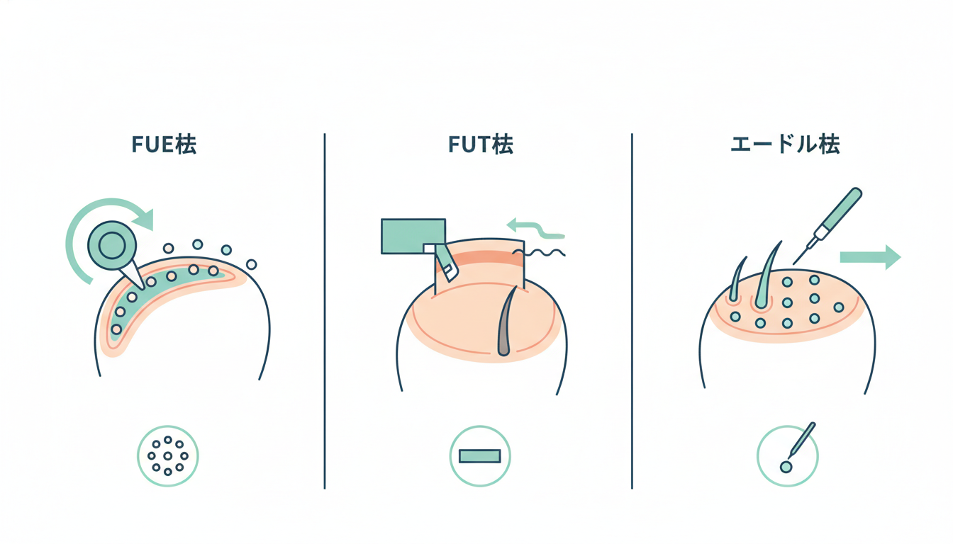 FUE法、FUT法、ニードル法の3つの自毛植毛の手術方法の違いを分かりやすく解説した図解イラスト。メスを使わず丸くくり抜くイメージ、帯状に切り取るイメージ、細い針で植え込むイメージがそれぞれアイコンと