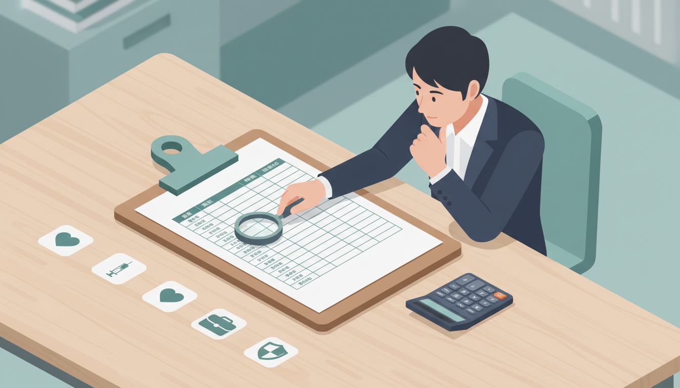 複数のクリニックの料金、特徴、治療内容がまとめられた比較表をチェックしている人物のイメージイラスト。大きなクリップボードに挟まれた表データと、電卓、ルーペが机に置かれており、豊富な選択肢の中から自分に