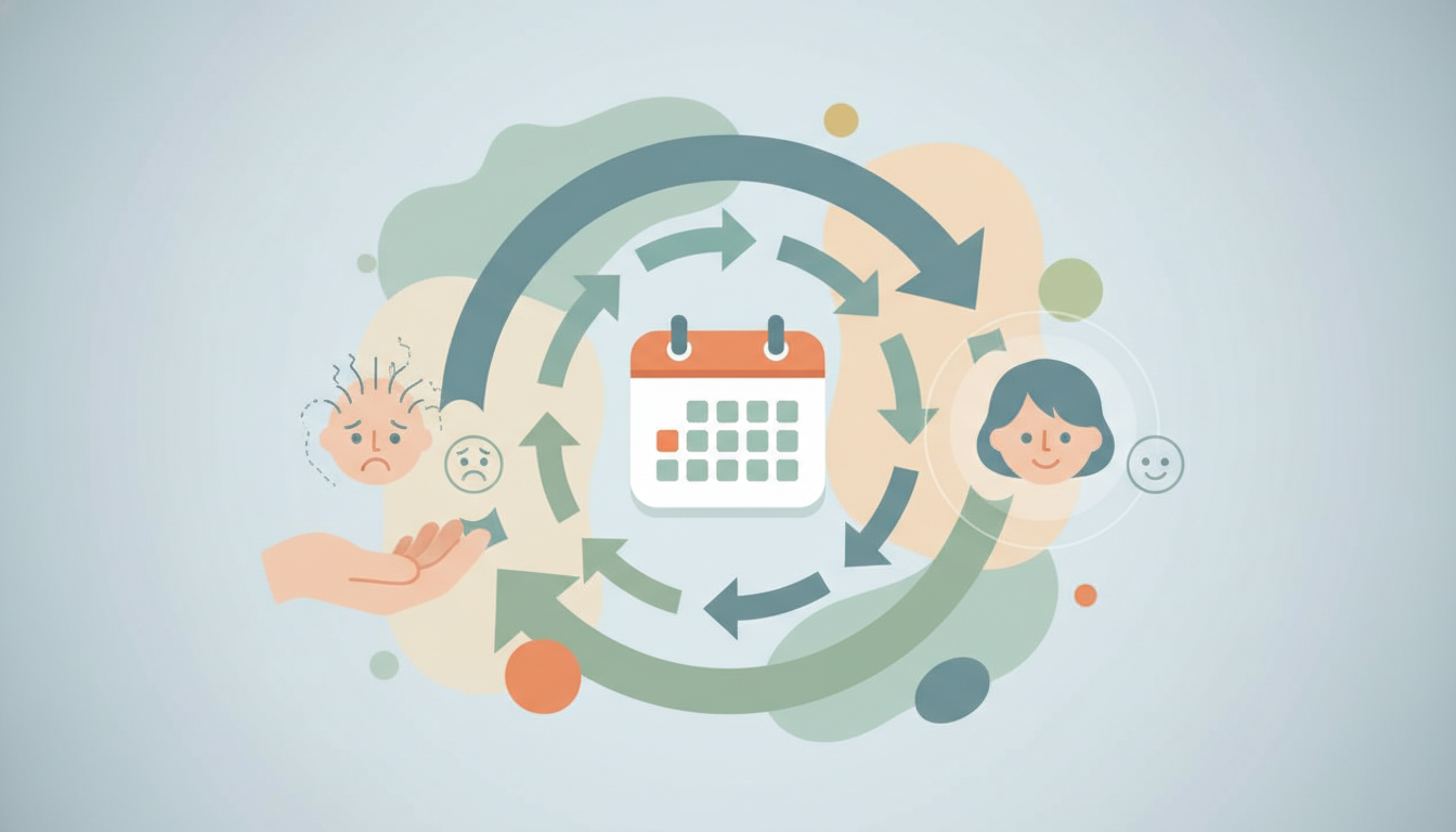 自毛植毛手術後のダウンタイムの経過と一時的な抜け毛（ショックロス）への備えを説明する概念イラスト。カレンダーのアイコンを中心に、時間経過とともに状態が回復していく様子を矢印で表現している。不安を抱える