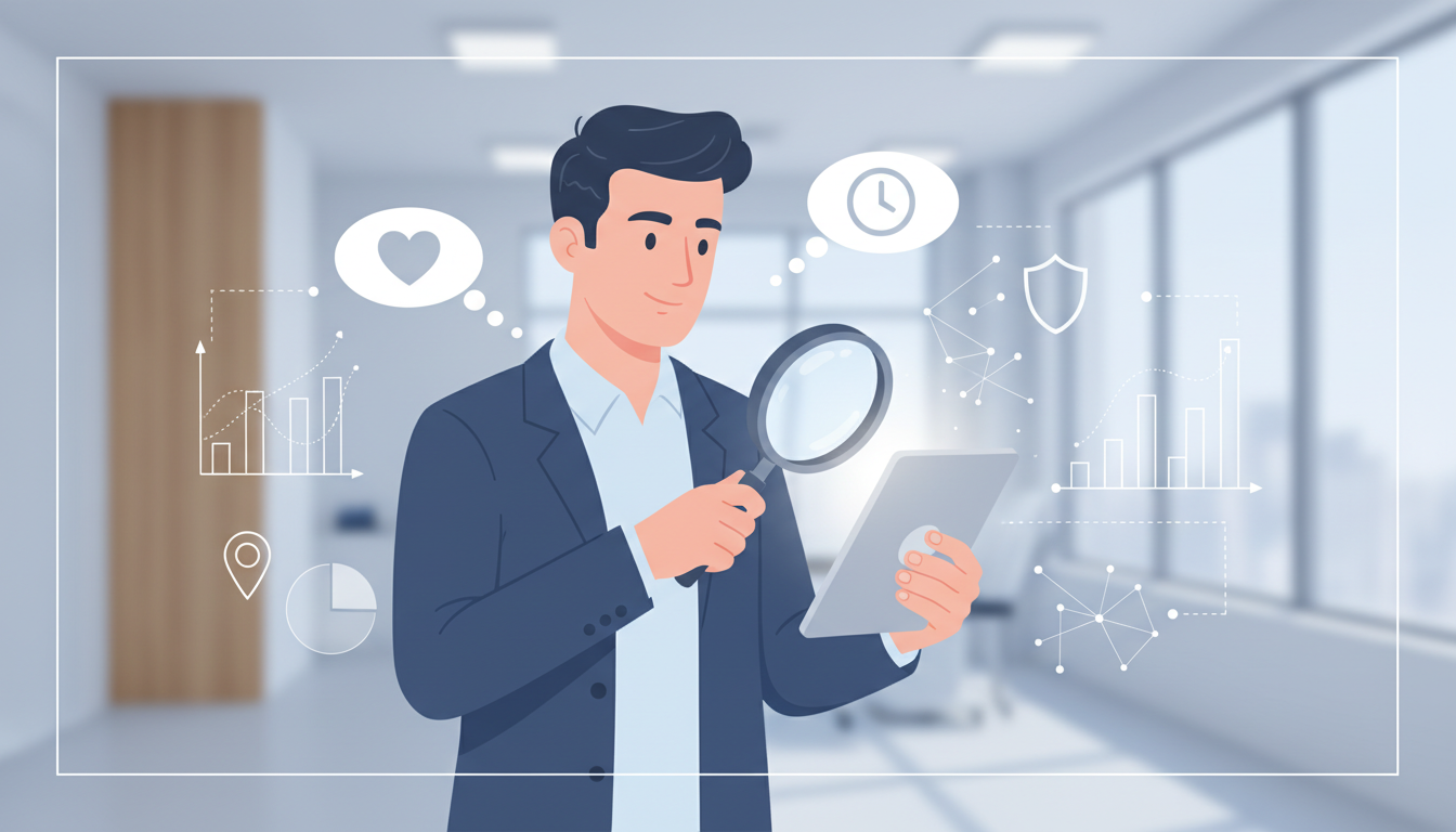 クリニック選びのポイントを解説するインフォグラフィック風のイラスト。清潔感のあるクリニックを背景に、虫眼鏡やタブレットを持ってクリニックの情報を真剣に比較検討している男性の様子を描写。