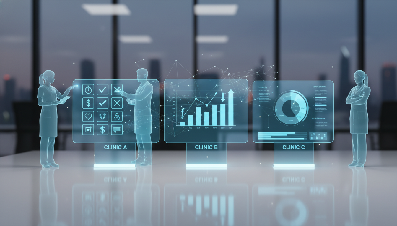 複数のクリニックの料金や特徴を比較していることを示す概念図。横に並んだ複数のチェックボードやデータ画面と、それを指差して確認している医療スタッフのイラスト。グラフや比較表をモチーフにした視覚的なデザイ