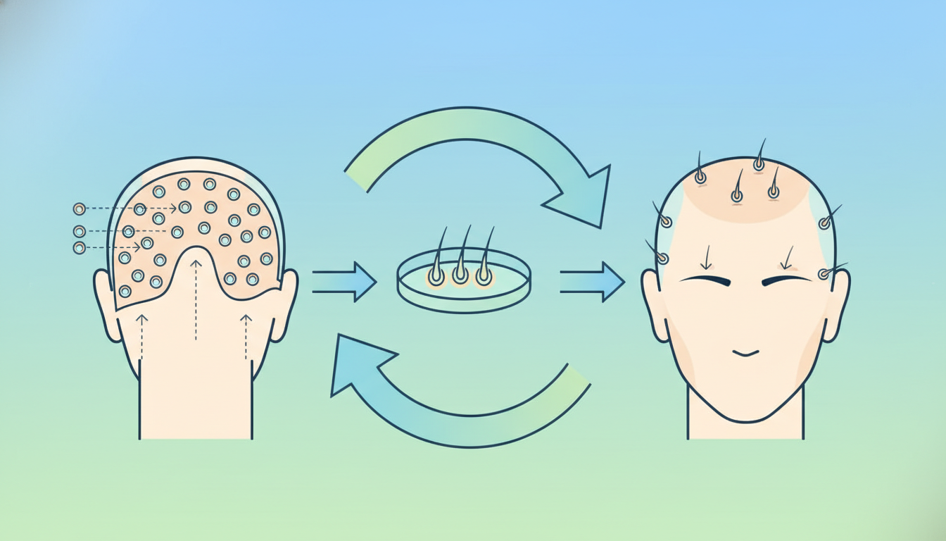 自毛植毛のメカニズムを分かりやすく解説する図解イラスト。後頭部の健康な毛根を採取し、薄毛部分に移植するプロセスを矢印を用いたフローチャート風に表現した概念図。明るく希望が持てるような爽やかな色合いで作