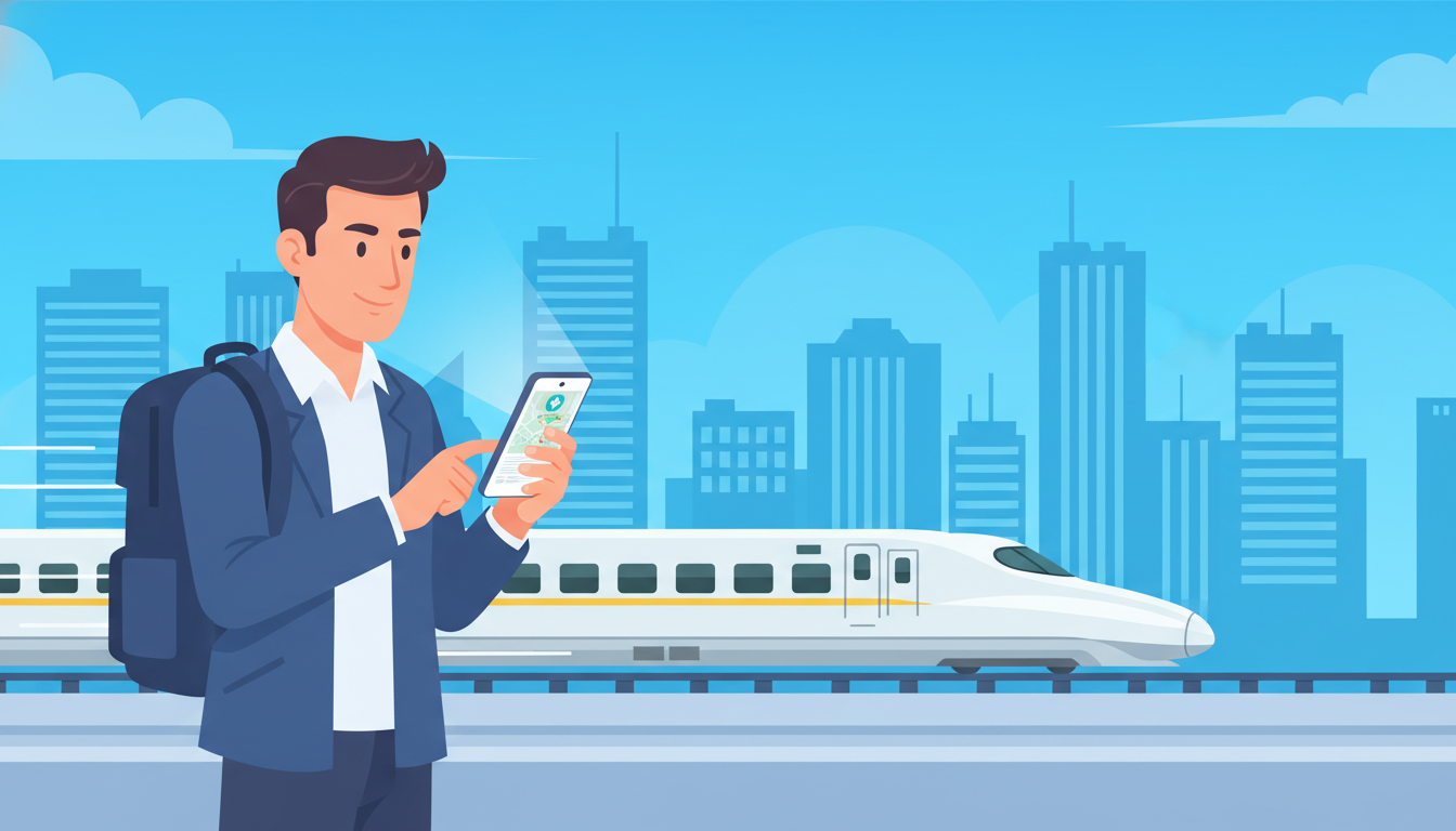 地方から都市部の専門クリニックへ足を運ぶ様子を表現したイラスト。男性がスマートフォンでクリニックの情報を検索しており、背景には新幹線や都市部のビル群のシルエットが描かれている。交通アクセスの良さや、通