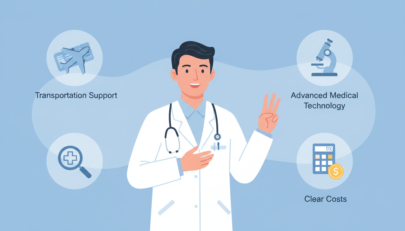 清潔感のある白衣を着た男性医師が、指を3本立ててポイントを分かりやすく説明しているフラットデザインのイラスト。背景には「交通費サポート」「高度な医療技術」「明確な費用」を連想させるアイコン（飛行機やチ