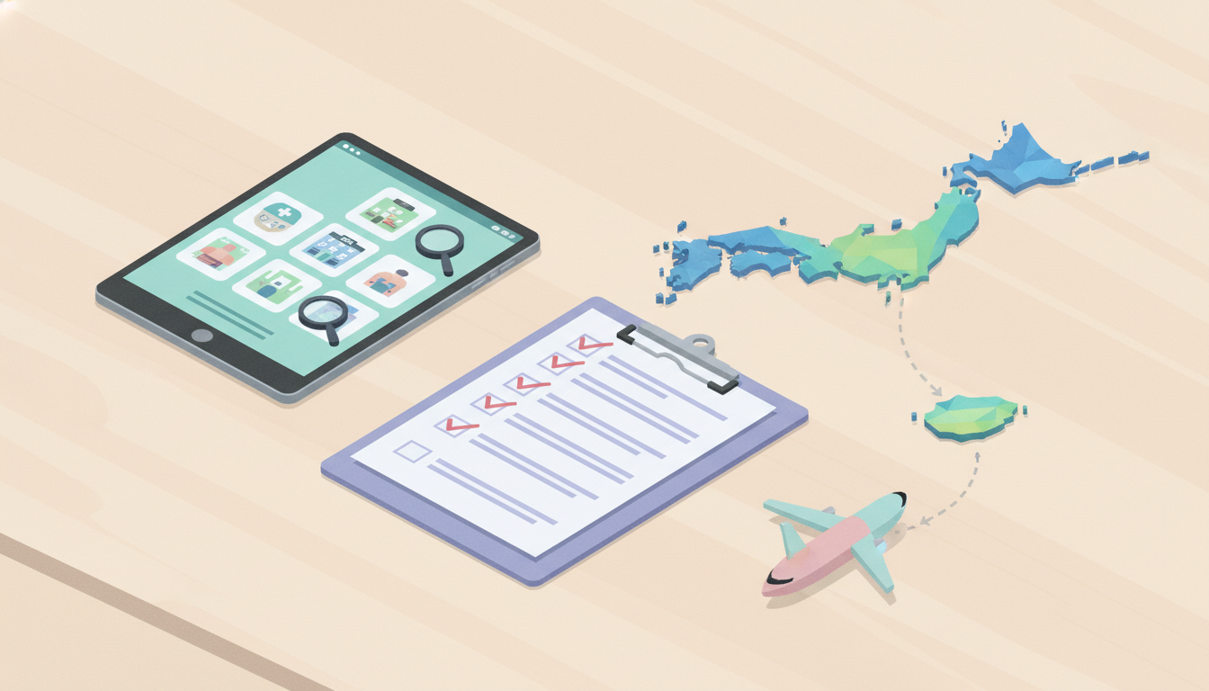 複数の情報を比較・検討している様子を表現したアイソメトリック（等角投影法）のイラスト。清潔なデスクの上に、クリニックの情報を比較するタブレット端末、チェックリストのバインダー、日本地図のアイコンや飛行