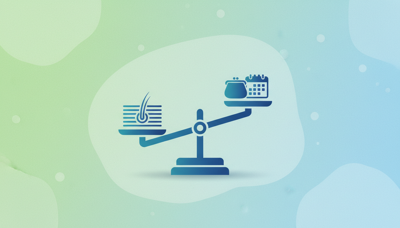 メリットとデメリットを視覚的に比較する概念的なベクターイラスト。中央に天秤が置かれ、左側には「健康的な髪の毛のアイコン（メリットを表現）」、右側には「お財布とカレンダーのアイコン（費用やダウンタイムの