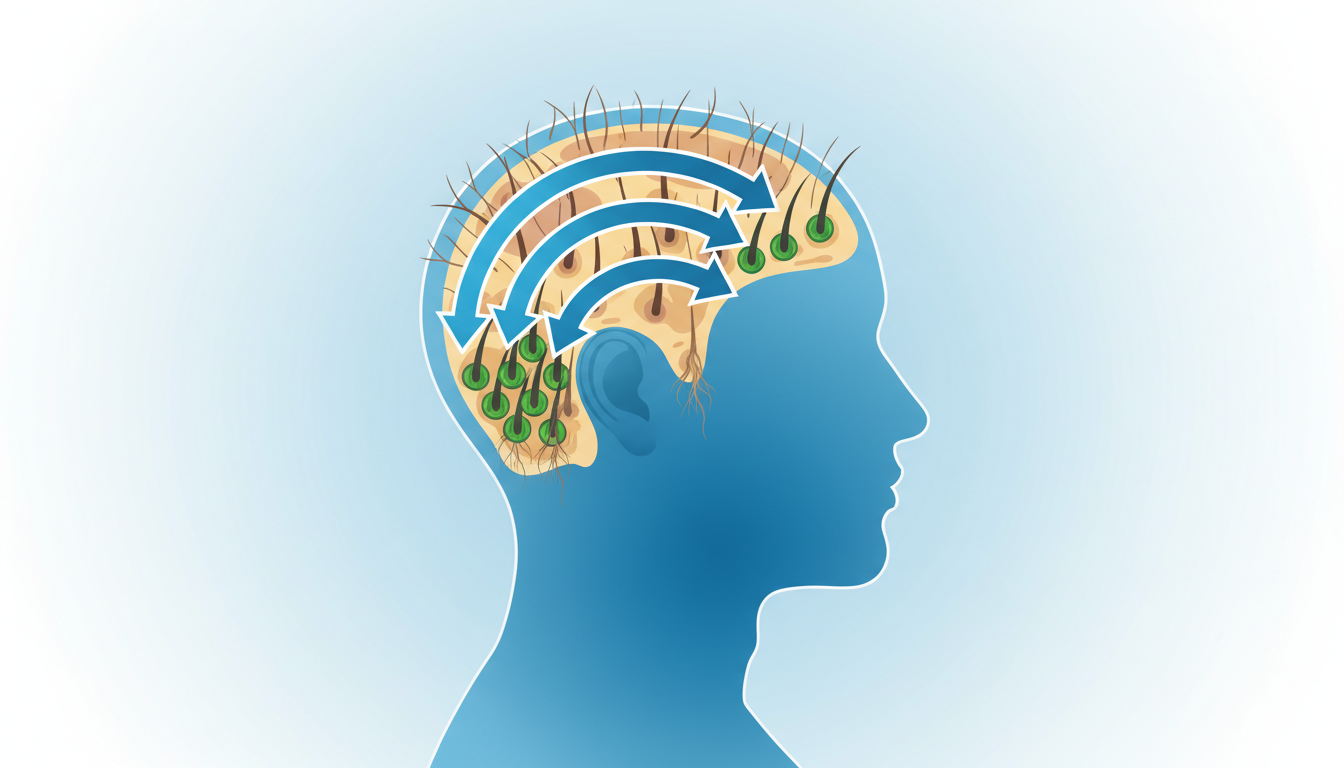 自毛植毛の仕組みを視覚的に説明する概念イラスト。頭部を横から見たシルエットを描き、AGAの影響を受けにくい後頭部の健康な毛根細胞を、薄毛が気になる前頭部や頭頂部へ移動させる流れを、分かりやすい矢印で表