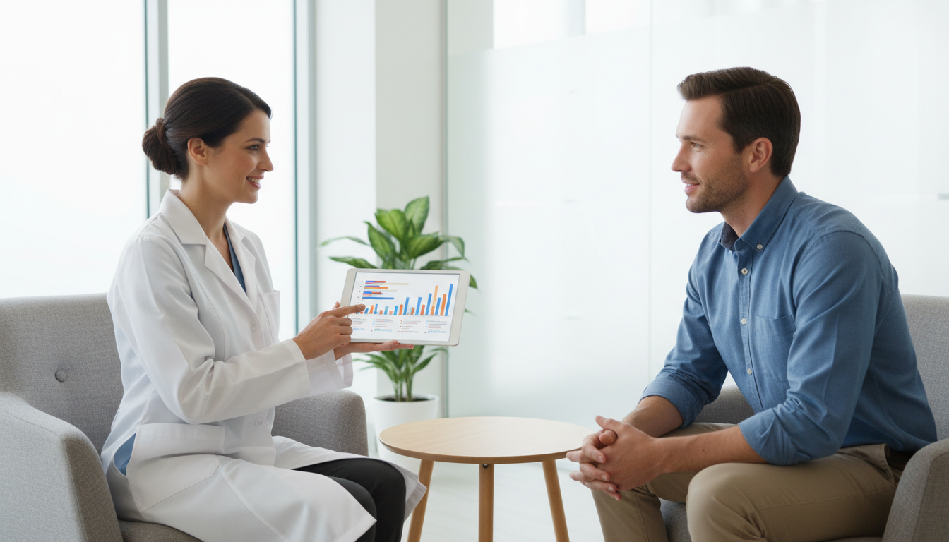明るく清潔感のあるクリニックのカウンセリングルームで、白衣を着た専門医が笑顔でタブレットを使い、男性患者に複数の治療プランやクリニックの比較を説明している様子。タブレットの画面にはリストやグラフが抽象