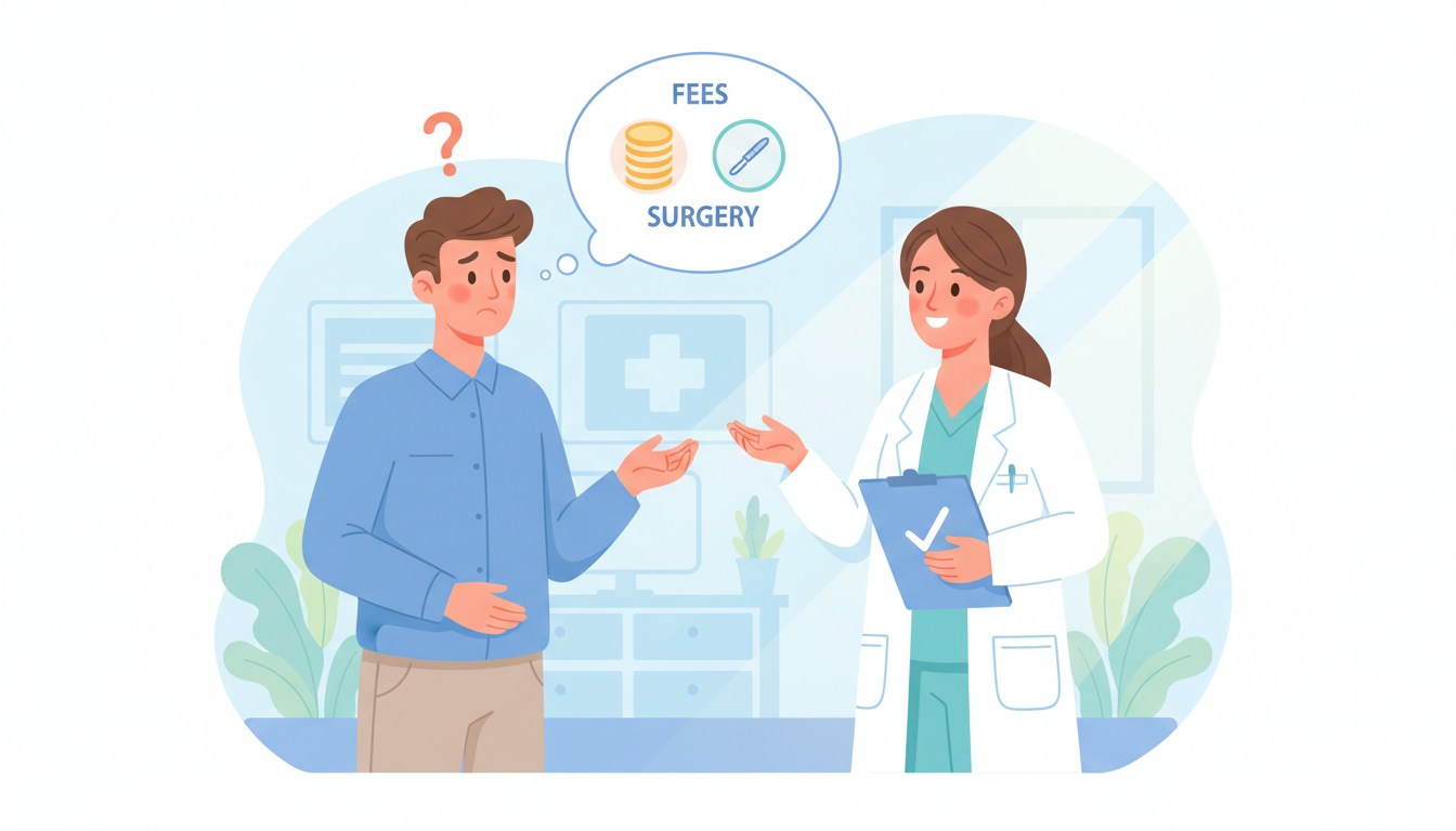 疑問や不安を抱える男性と、それに笑顔で回答する白衣の医師の対話シーンを描いたイラスト。男性の頭の上には「？」マークの吹き出しがあり、費用や手術に関する疑問を表現。全体的に明るく安心感のあるトーンで、よ