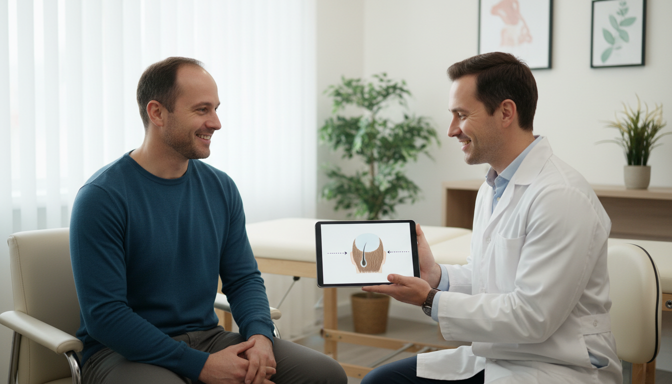 男性が白衣を着た医師から、自毛植毛の仕組みについて説明を受けている様子を描いた親しみやすいイラスト。医師が持っているタブレットには、後頭部の健康な髪を薄毛部分に移動させるイメージを視覚的に表現した分か