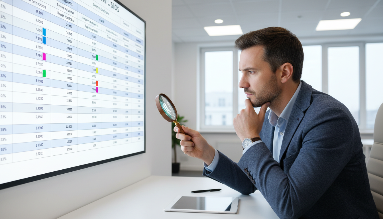 複数のクリニックの特徴、料金、交通費補助の有無などが並んだ大きな比較表を前に、どれを選ぶかじっくりと考えている男性のイラスト。虫眼鏡を使って詳細な情報をチェックしている様子で、自分に合った最適なクリニ