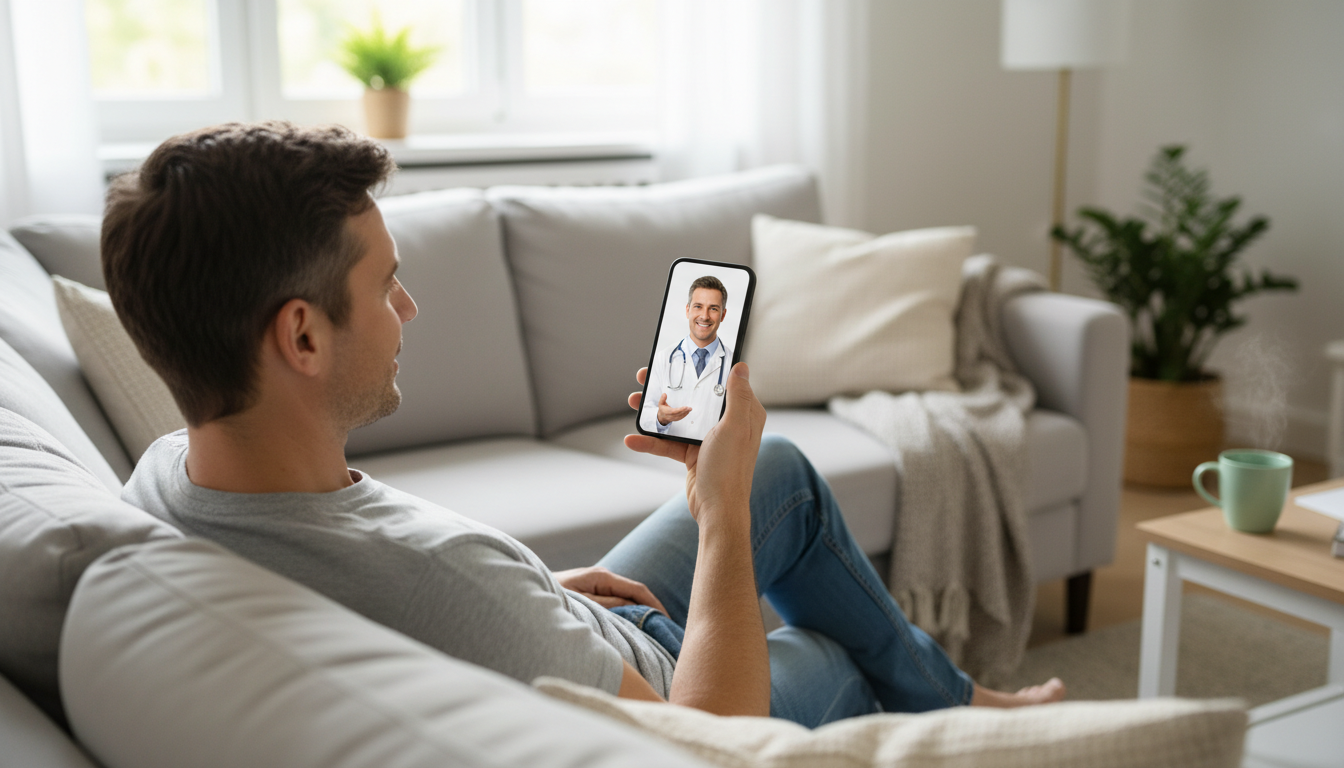 自宅のリビングのソファでリラックスしながら、スマートフォンを使ってオンラインで医師の診察を受けている男性のイラスト。スマホの画面越しには白衣を着た医師が優しく微笑んでアドバイスをしており、通院不要で手