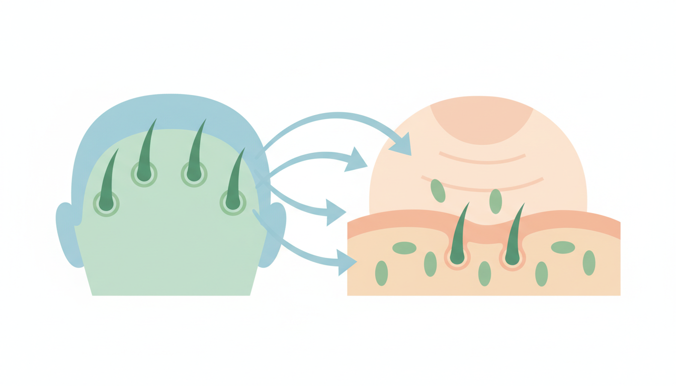 自毛植毛の仕組みを分かりやすく表現した概念的なイラスト。後頭部の健康な毛根から薄毛部分へ移植されるプロセスを示す、シンプルな矢印とアイコンの図解。白とパステルカラーをベースにした清潔感のあるフラットデ