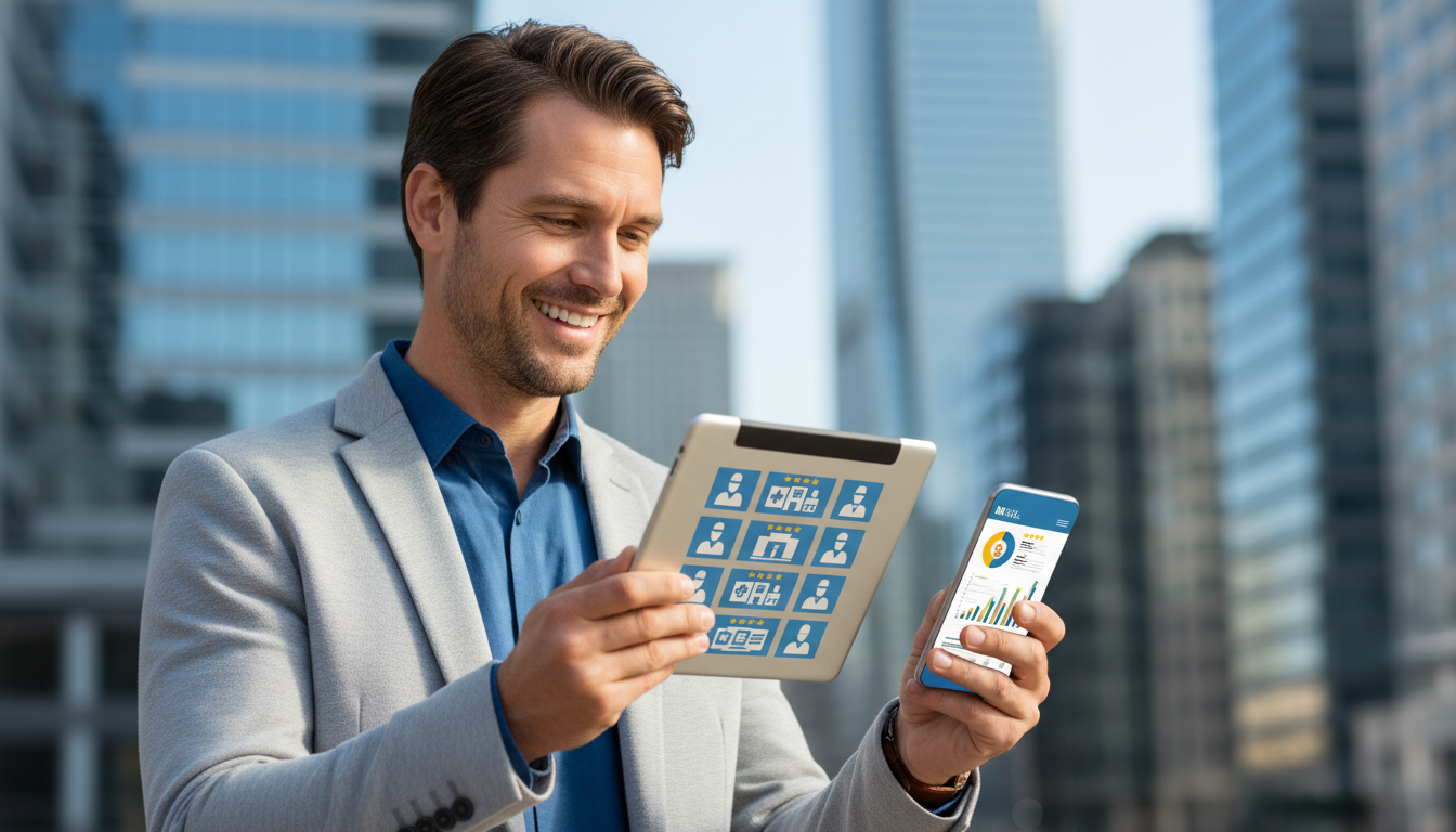 複数の医療クリニックを比較検討しているイメージ。スマートフォンやタブレットを持って、笑顔で口コミや情報をチェックしている30代〜40代の男性のイラスト。背景には都会のオフィスビル群が淡く描かれており、