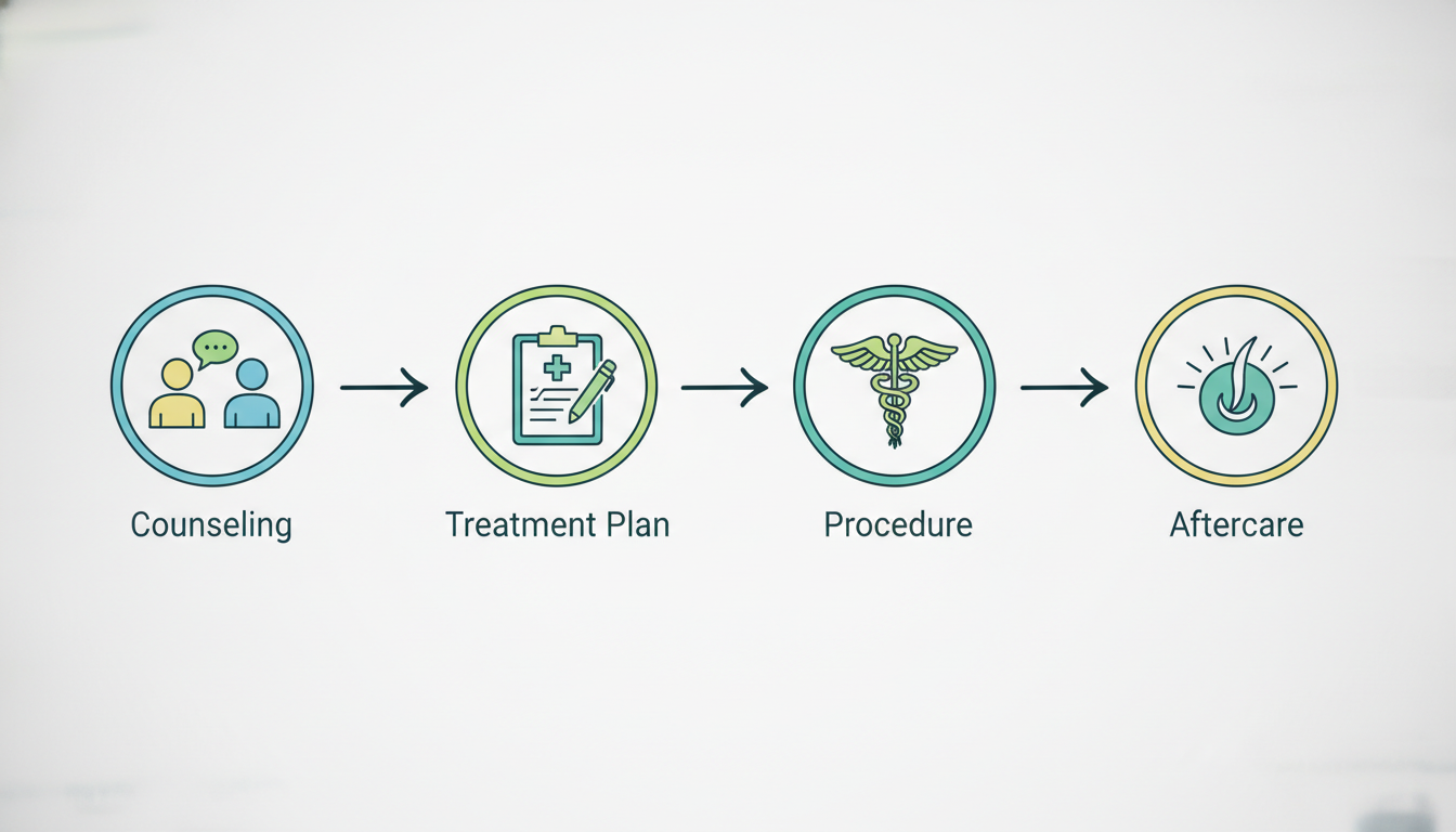無料カウンセリングから手術、そして術後のアフターケアまでのステップをアイコンで表したフローチャートのイラスト。左から右へ向かう矢印でステップが繋がっており、カウンセリング（医師との対話アイコン）、治療