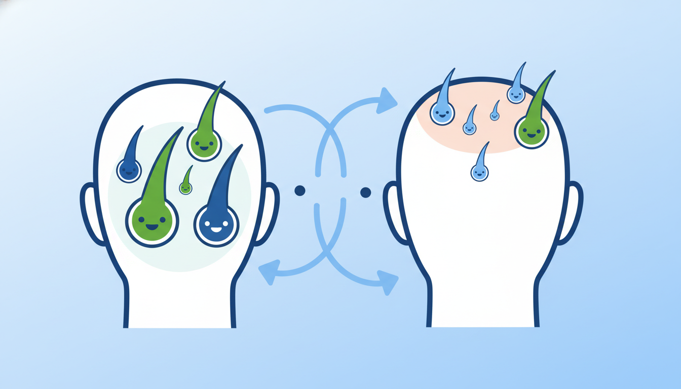 健康的な頭皮と髪の毛のサイクルを表現した概念的なイラスト。後頭部の丈夫な毛根を採取し、薄くなっている部分へ移植する仕組みを、可愛らしくデフォルメされた毛根のアイコンと矢印を使った分かりやすいインフォグ