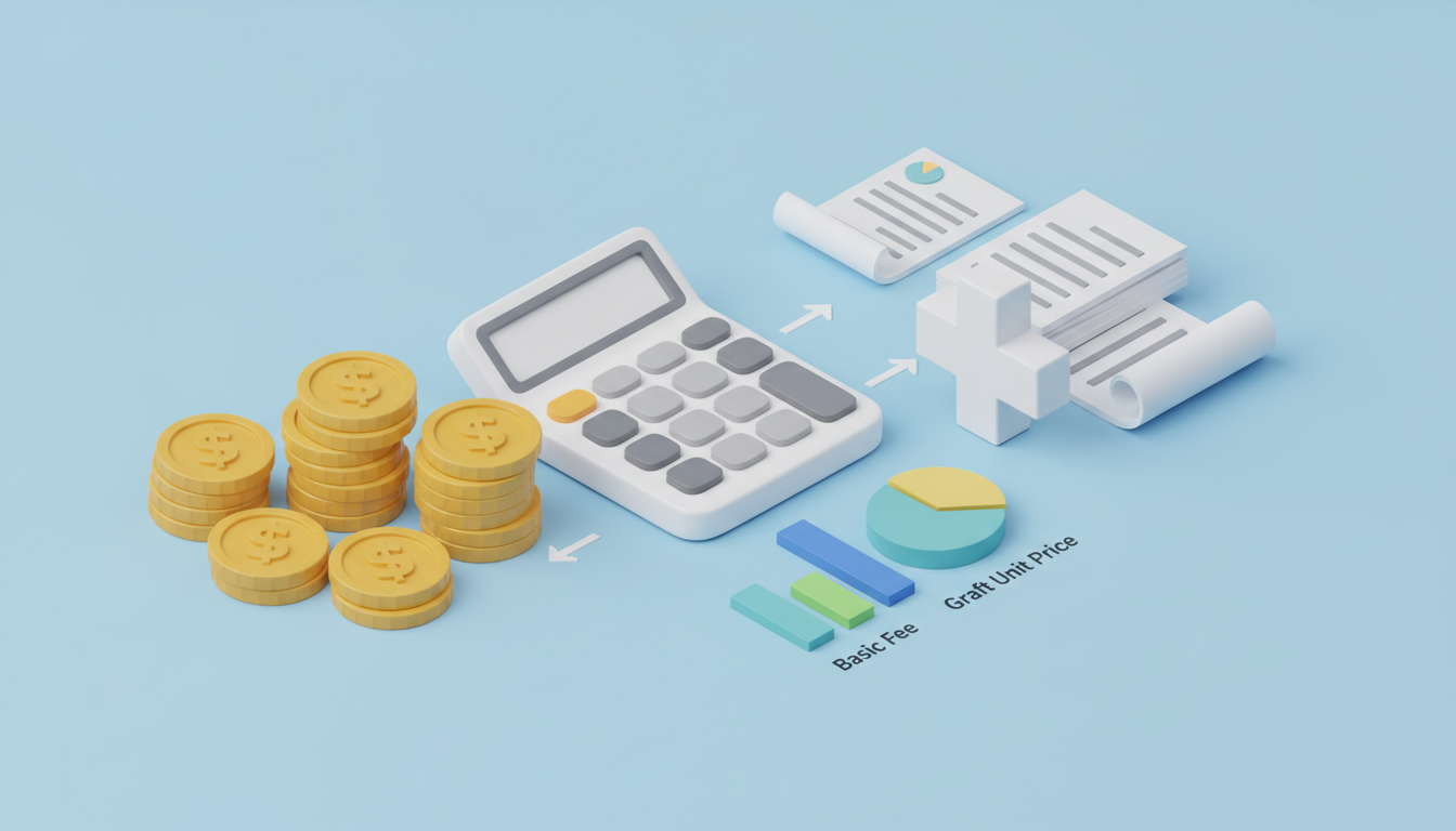 治療費用の仕組みを表現した図解イラスト。積み上げられたコインや電卓、そしてクリニックを連想させる医療用十字マークや書類のアイコンがバランスよく配置されている。基本料金やグラフト単価などの内訳を計算して