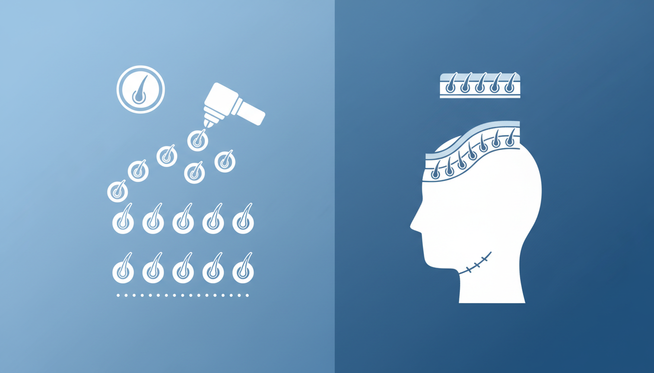 自毛植毛の主流であるFUE法とFUT法の違いを比較解説する図解イラスト。毛根を一つずつパンチでくり抜く方法と、帯状に頭皮を切り取る方法を、アイコンや概念的な図で左右に並べて比較した、清潔感のあるブルー