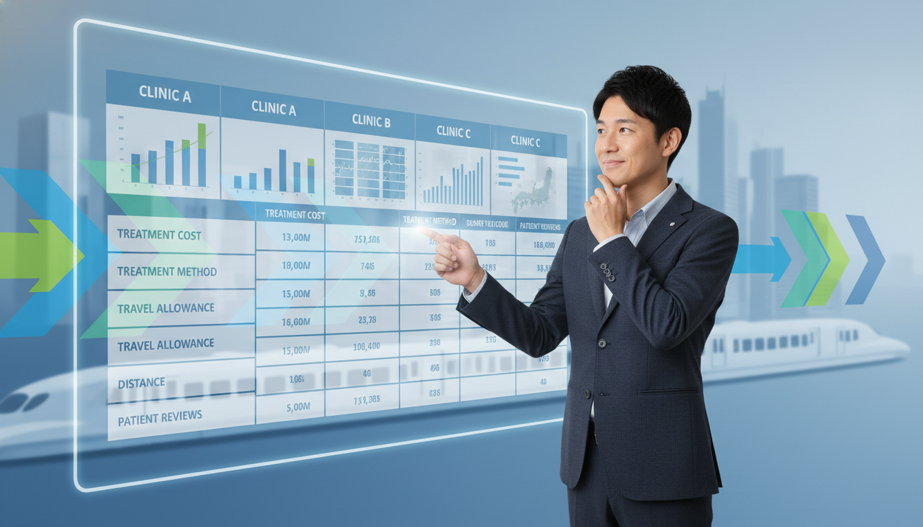 複数のクリニックの費用、治療法、交通費補助などがまとめられた大きな比較表のパネルを見比べながら、どれが自分に合うか納得した表情で選んでいる男性のイラスト。背景には仙台から東京への移動を連想させる簡単な