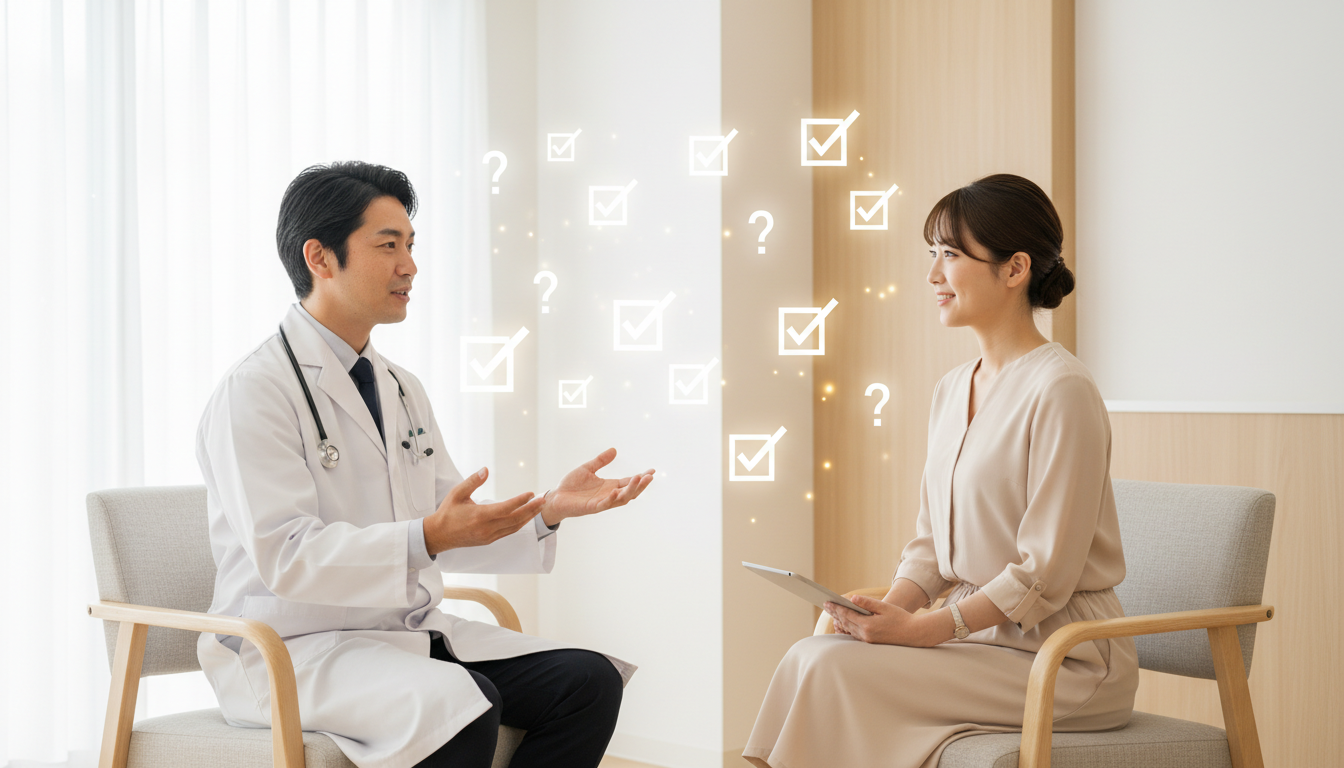 清潔感のある明るいカウンセリングルームで、白衣を着た優しい表情の医師が、患者の様々な疑問に答えている様子を描いたイラスト。周囲には複数のクエスチョンマークやチェックマークのアイコンが浮かんでおり、治療
