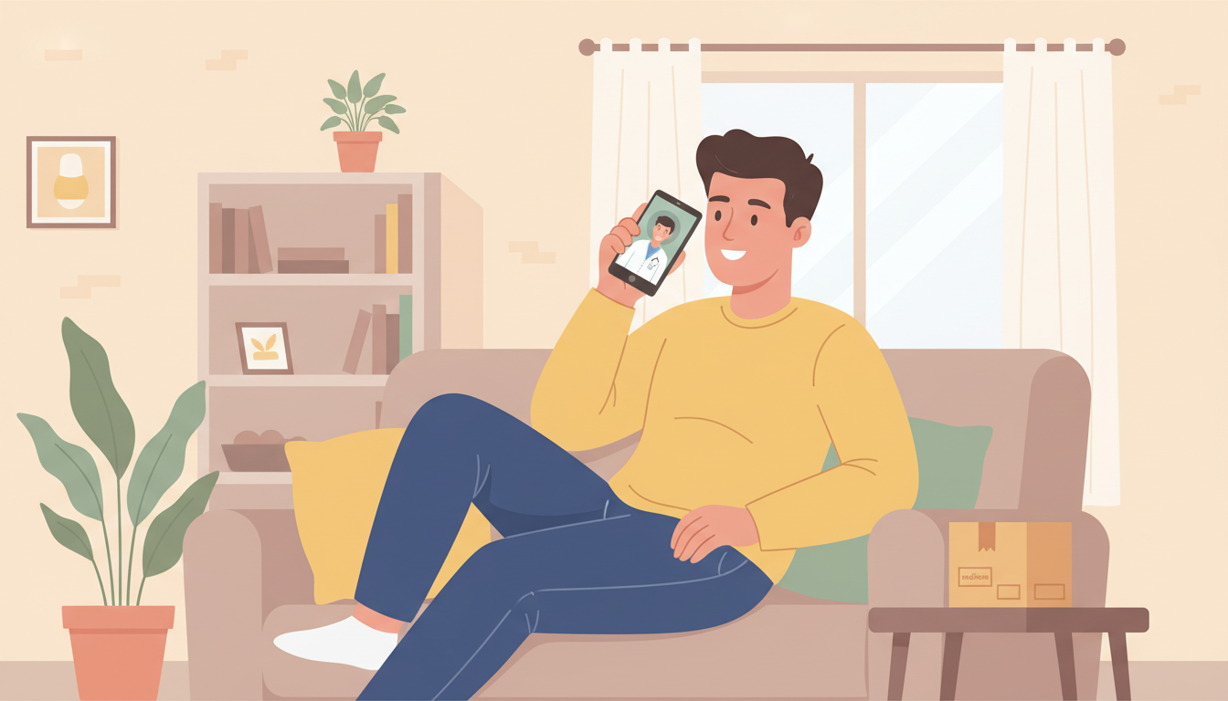 自宅のリビングのソファに座りながら、スマートフォンを使ってオンライン診療を受けている30代男性のイラスト。スマートフォンの画面には白衣を着た医師のアイコンが表示されており、男性はリラックスした笑顔で話