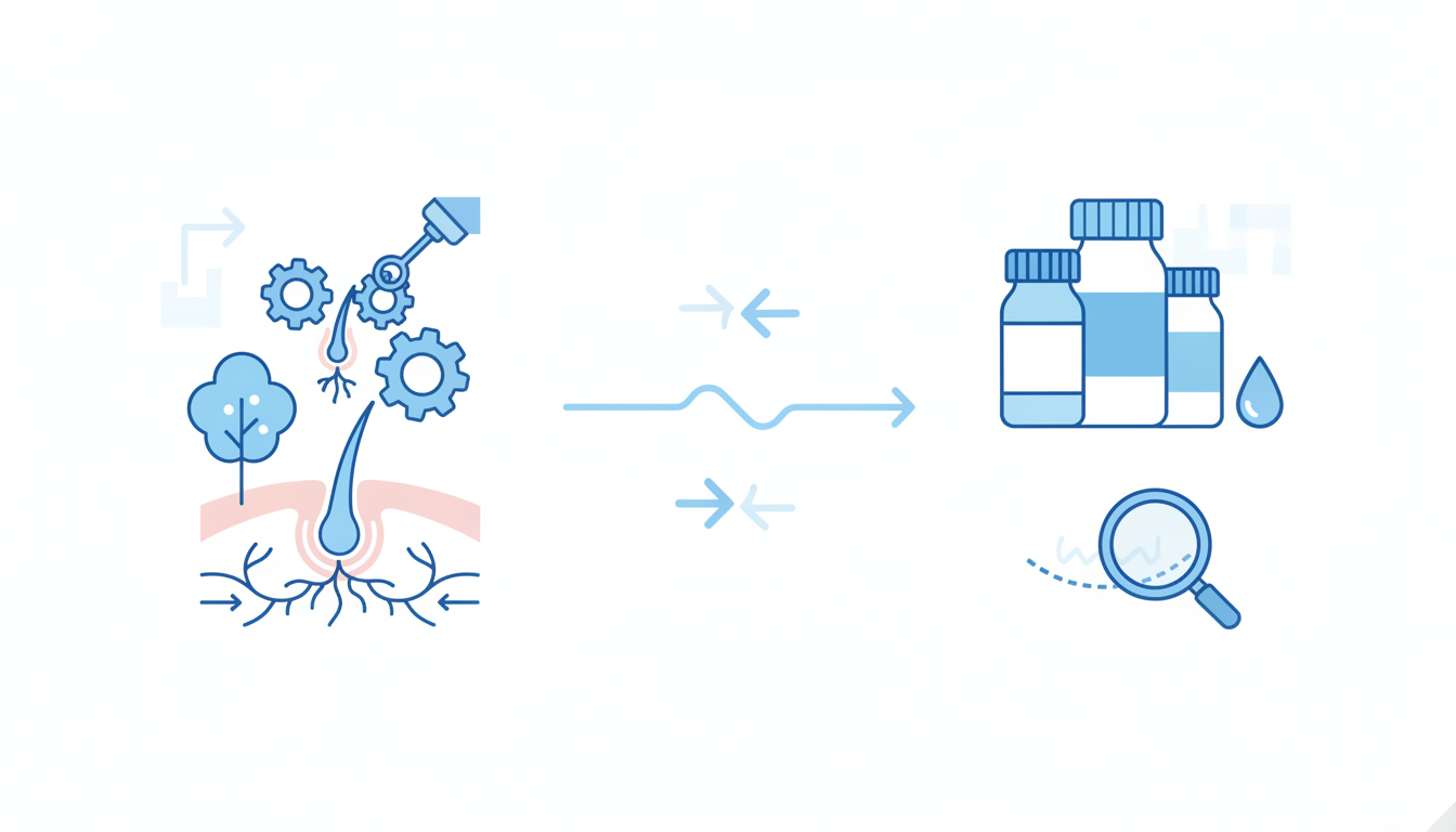 自毛植毛と他のAGA治療（内服薬や外用薬）の違いを比較する概念的なイラスト。健康な毛根を移植するプロセスや、薬のボトルなどを抽象的なアイコンで並べ、違いを視覚的に解説した図解風のイメージ。清潔感のある