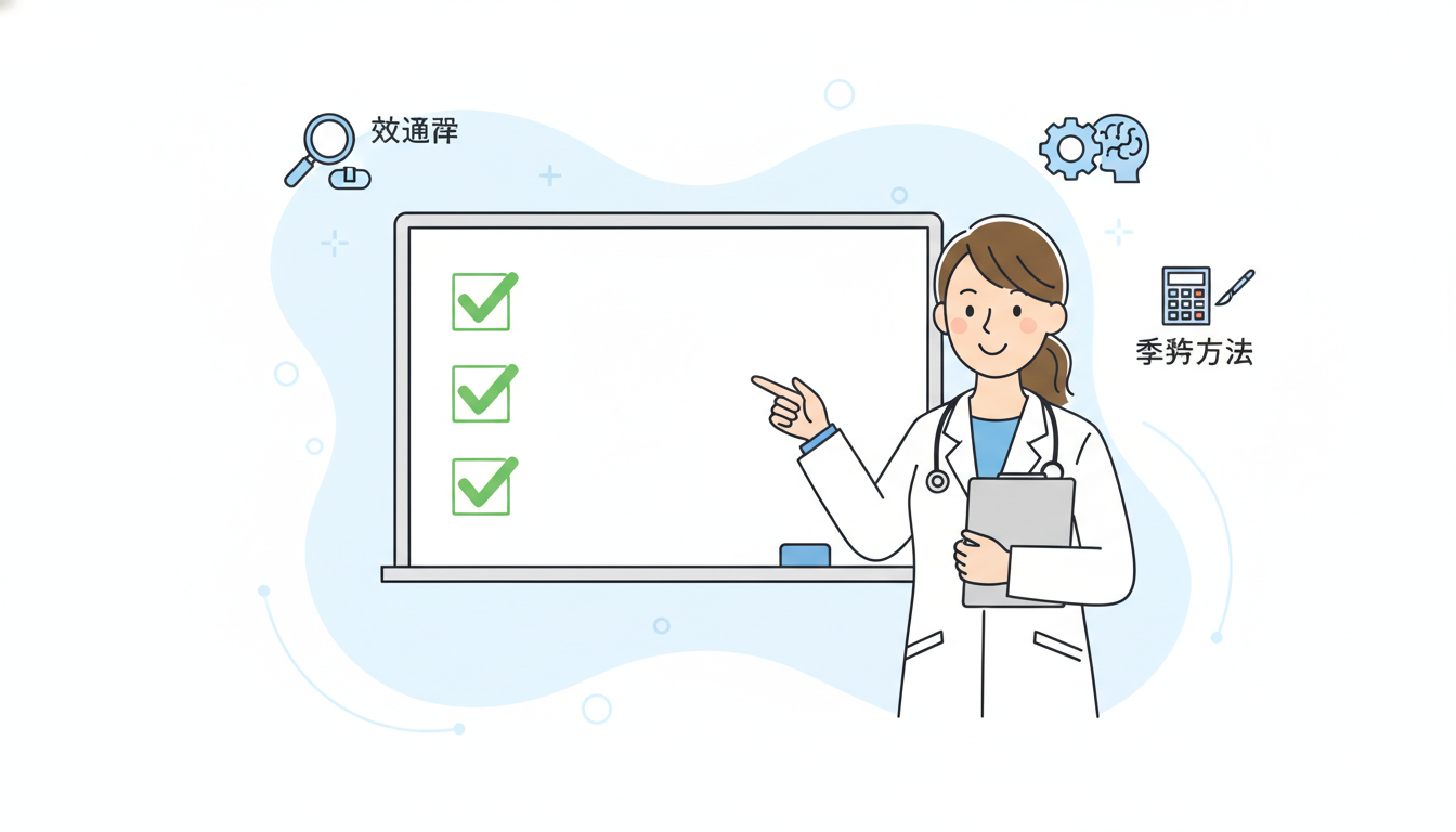 クリニック選びのチェックポイントを表現したイラスト。白衣を着てクリップボードを持った笑顔の医師が、3つのチェックマーク（レ点）が描かれたボードを指差している。交通費、技術、手術方法などの比較項目をイメ